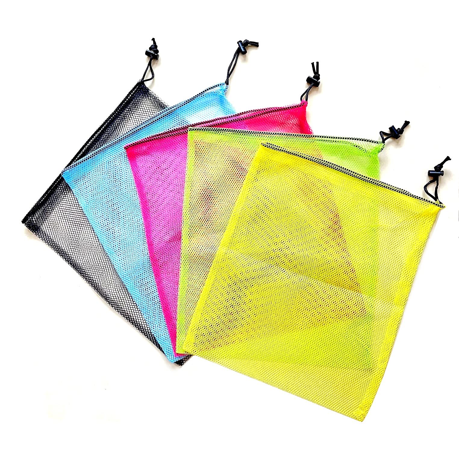 JZK 5x Multicolour 39x34cm large mesh drawstring storage bag for toys, net laundry bags for washing machine, drawstring net bag for beach toys, mesh organizer bag