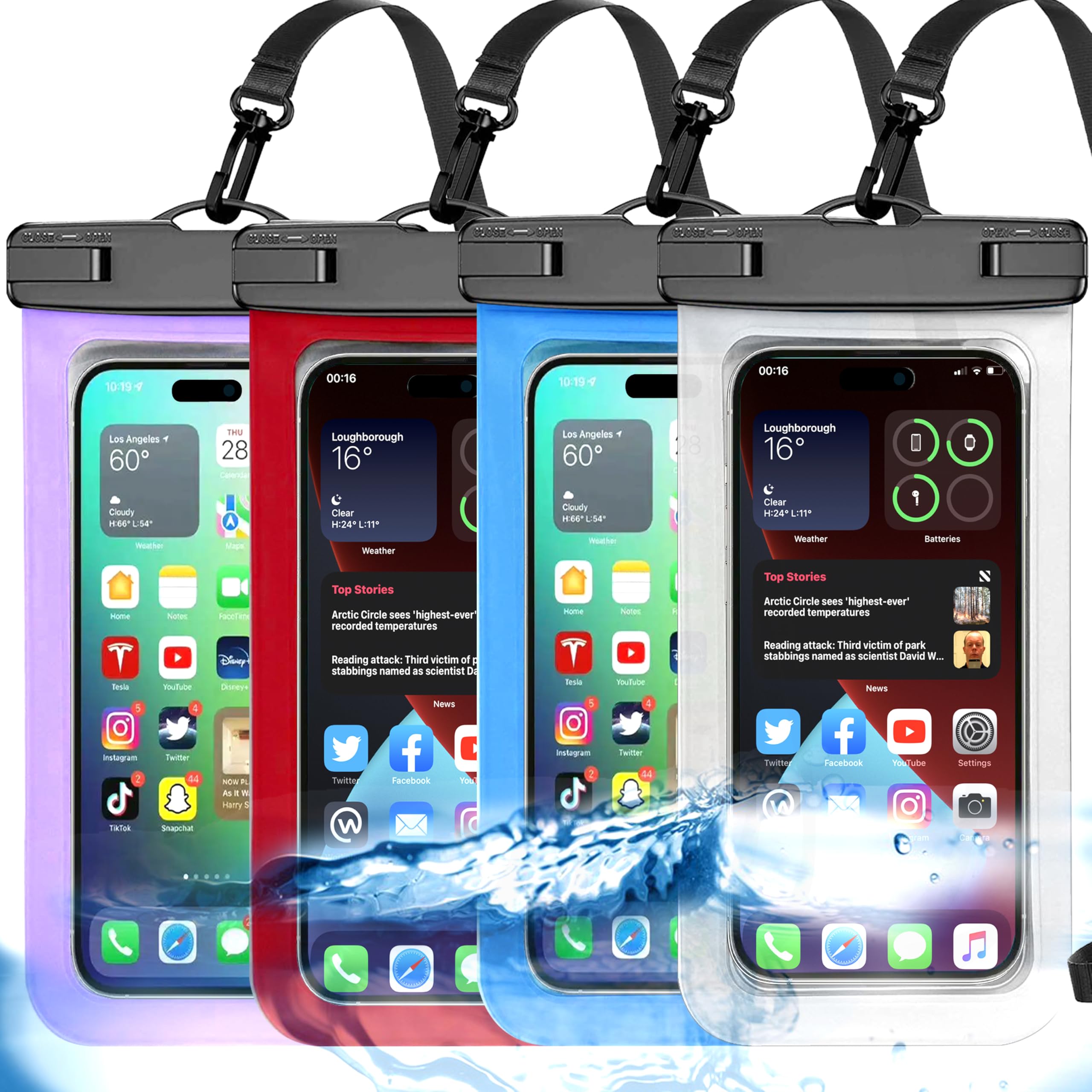 Photo 1 of [Up to 8.3"] 4 Pack Multicolor Universal Waterproof Phone Pouch, Large Phone Waterproof Case Dry Bag (Protection Level: IP68) Outdoor Sports for Apple iPhone,Samsung,and More(White,Blue,Red,Purple)