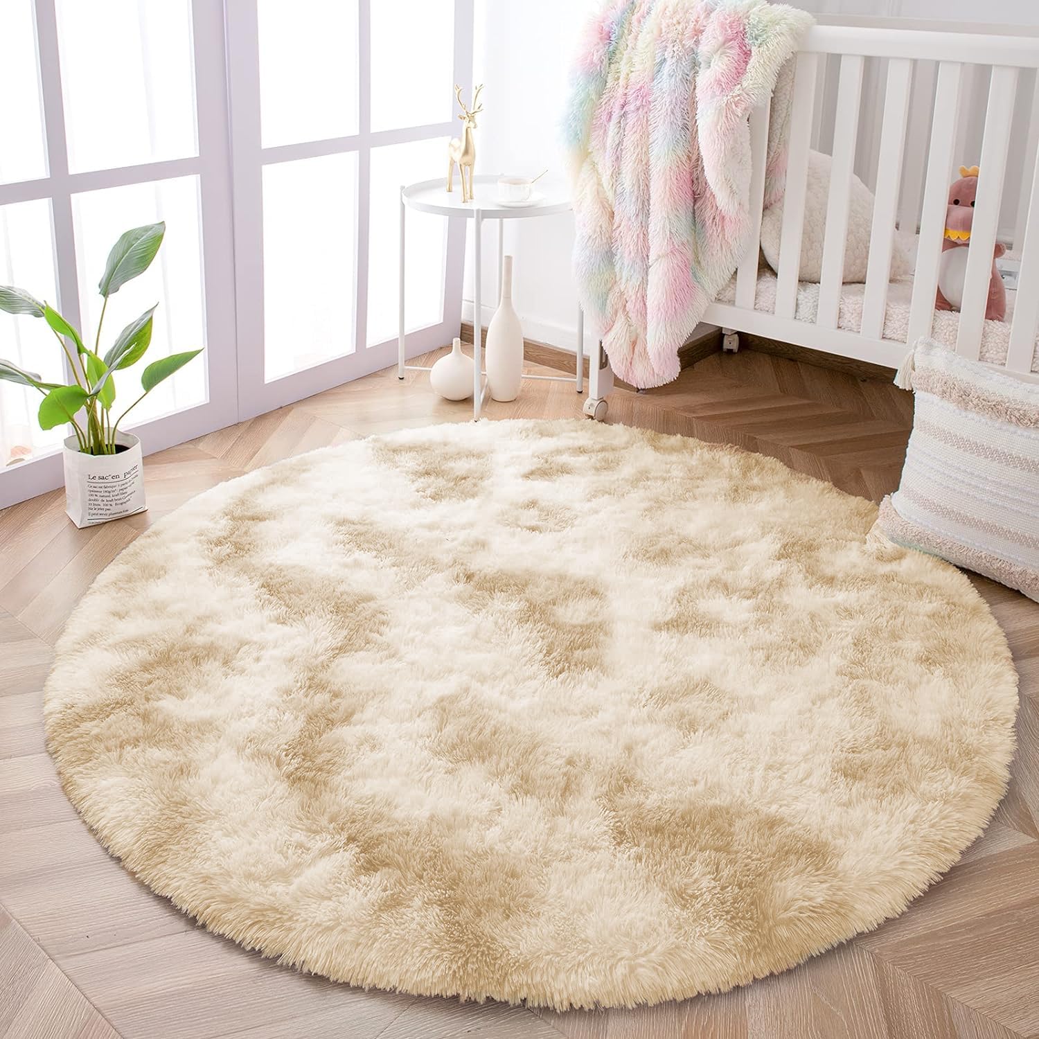 Oxford Homeware Round Rugs Living Room 120x120 CM – Tie-Dye Cream Area Rugs for Bedroom Non Slip – Modern Super Soft Plush Carpets Fluffy Shaggy Rug for Lounge – Non Shedding Bedside Rug for Kids Room