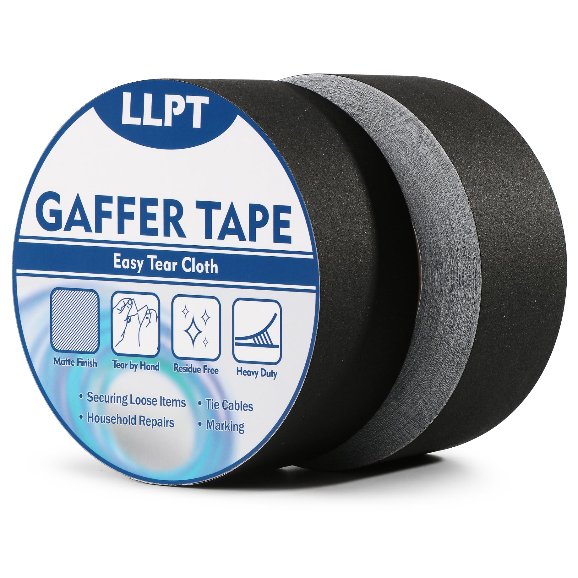 LLPT Gaffer Tape | Duct Tape | 2 Packs | 50mm x 32m | Black Heavy Duty Gaffing Tape | Matte Non Reflective Easy Tear Residue Free | for Cords Photography (PGT532P2BK)