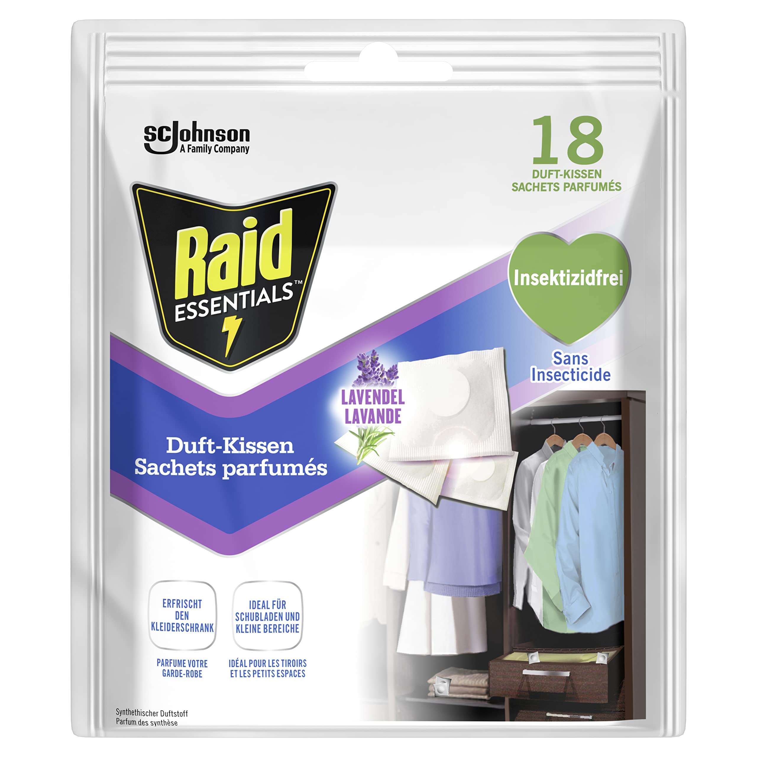Raid Essentials (Paral) Duft-Kissen Lavendel, frischer Lavendelduft für Kleiderschrank und Schubladen, bis zu 2 Monate wirksam, 1er Pack (1 x 18 Stück)