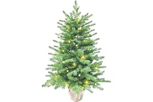 SZCXTOP 3ft Pre-Lit Mini Fir Christmas Tree,Artificial Pine Xmas Tree,106 PE Branches Tips & 84 PVC Branches Tips & UL Certification LED Lights & Burlap Wrapped Base for Tabletop Desk,Battery Operated