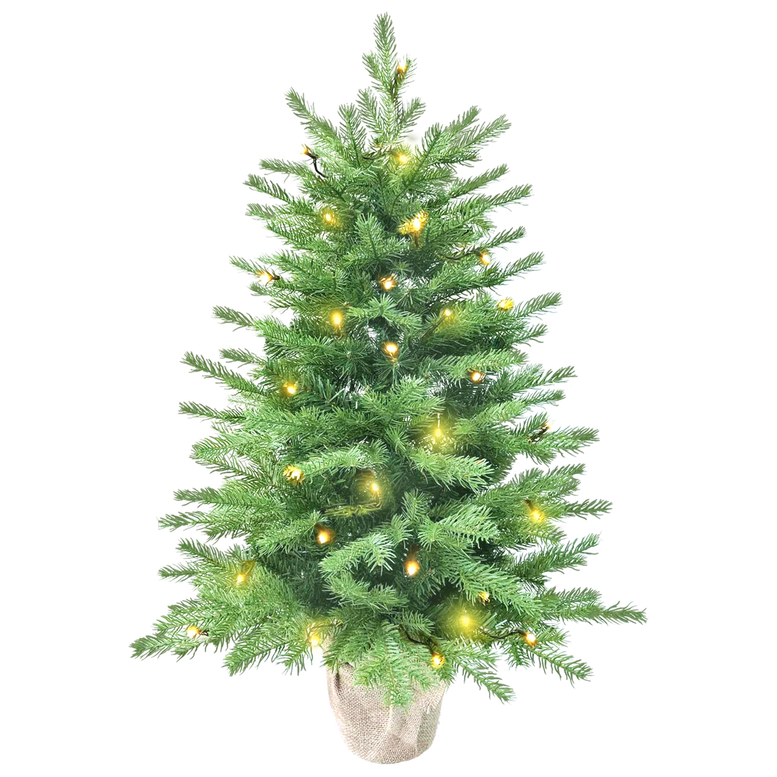 Photo 1 of 3ft Pre- Mini Fir Christmas Tree,Artificial Pine Xmas Tree,106 PE Branches Tips & 84 PVC Branches Tips & UL Certification LED Lights & Burlap Wrapped Base for Tabletop Desk,Battery Operated