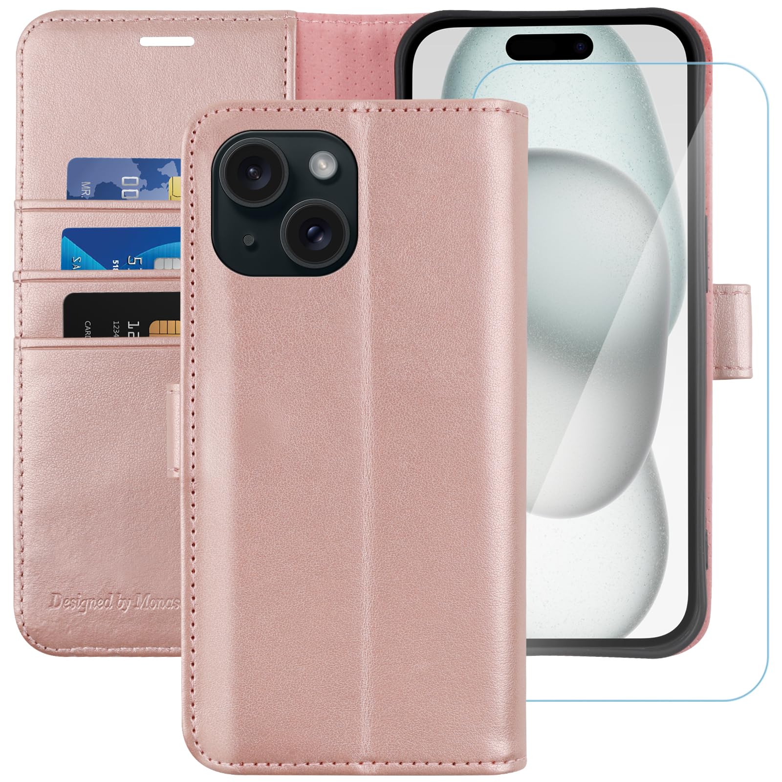 MONASAY for iPhone 15 5G Wallet Case,[Glass Screen Protector Included] [RFID Blocking] Flip Folio Leather Cell Phone Cover with Credit Card Holder case, 6.1-inch, 6.1-inch, Rosegold