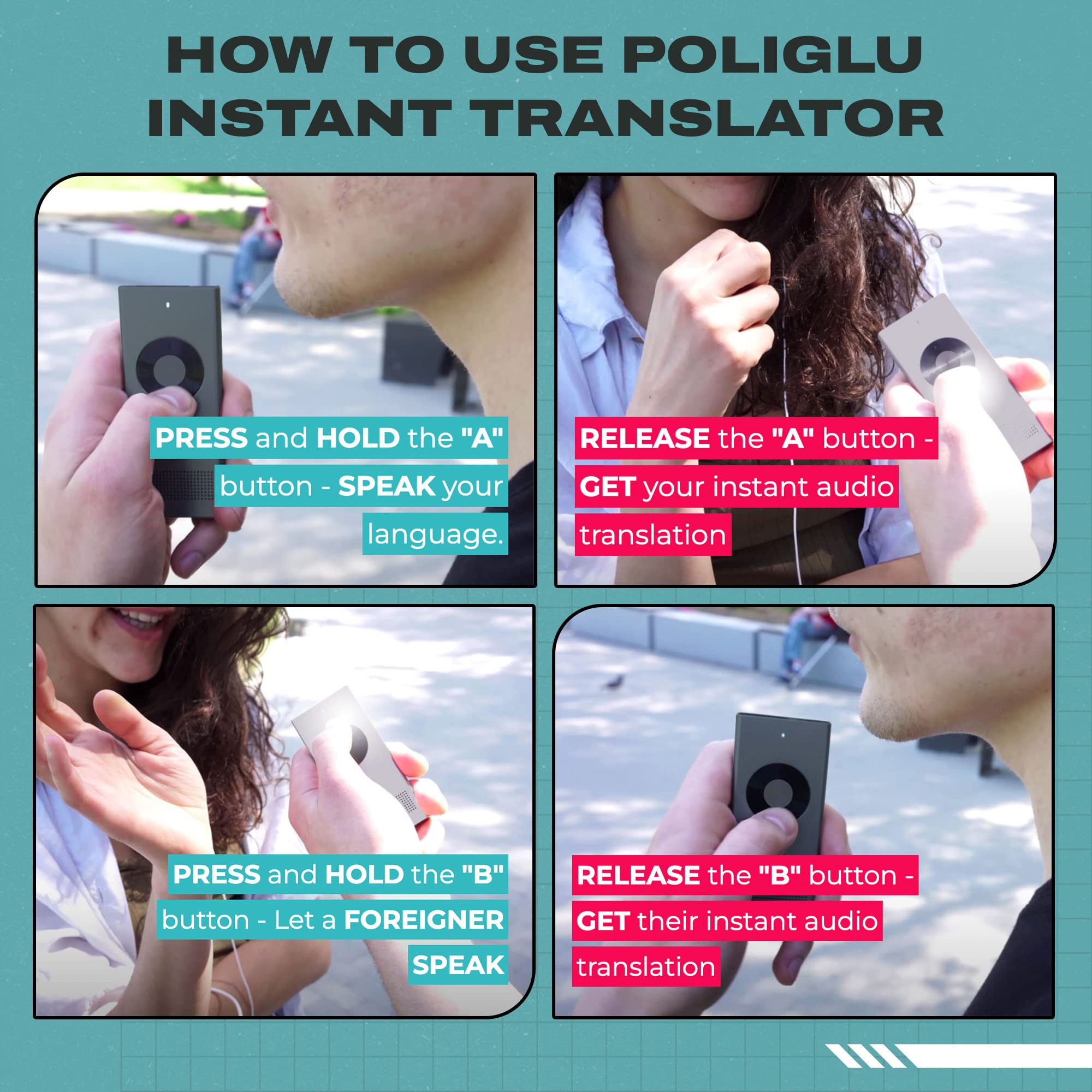 Poliglu Instant Two-Way Language Translator - Translators Devices for 36 Languages. Make Communication Easier with This Innovative Portable Translation Device. Perfect as a Pocket Dictionary