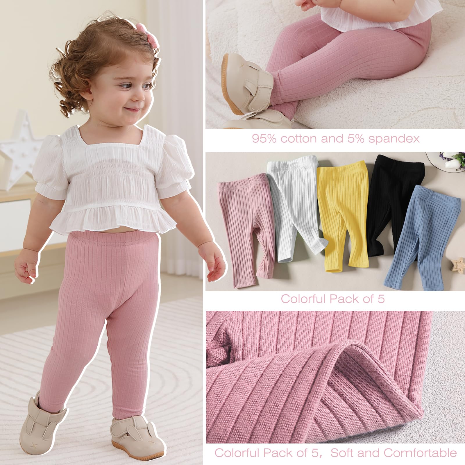 U·nikaka Unisex Baby 0-48 Months 5-Pack Pants in Grey White Black Orange and Pink