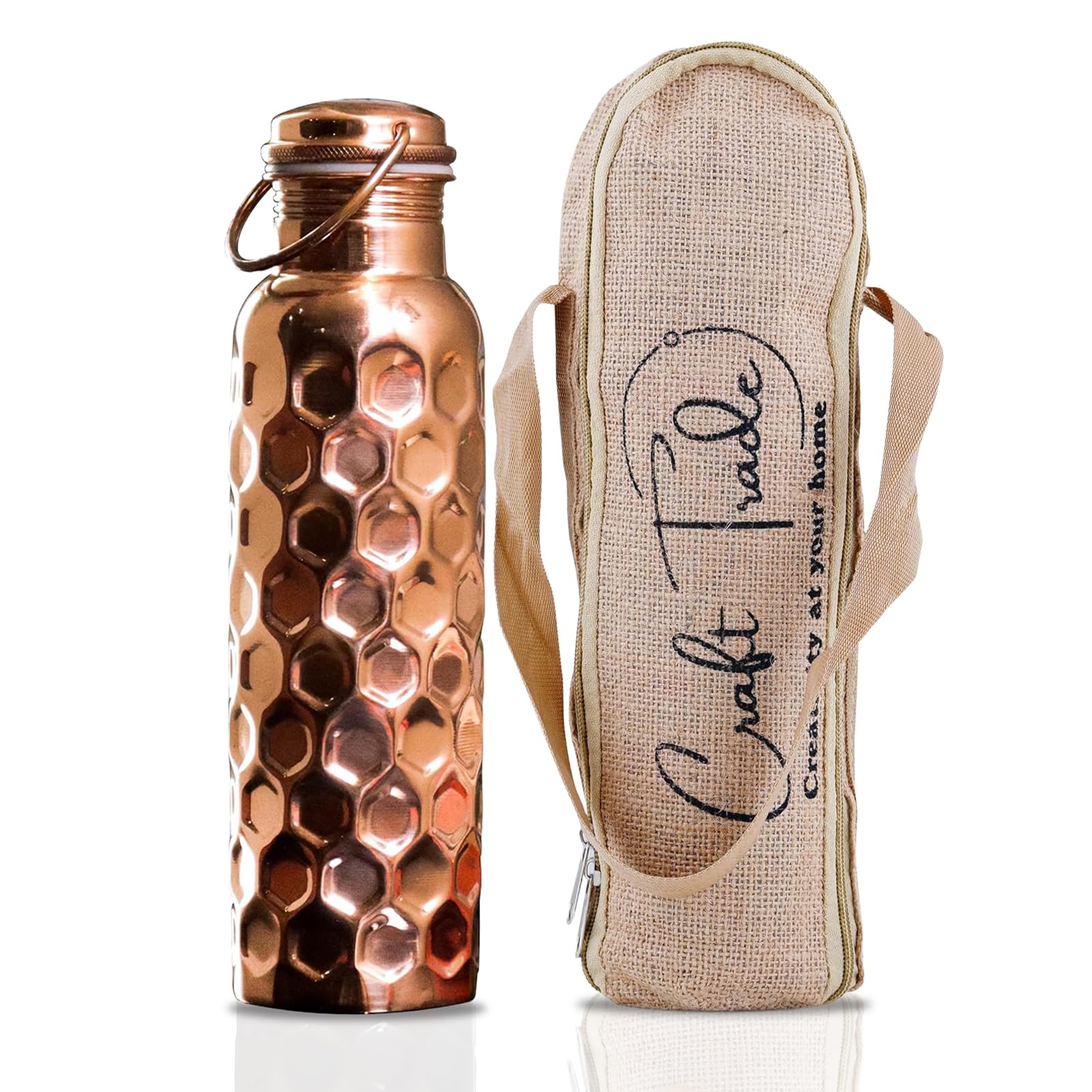 Craft Trade Copper Water Bottle Pure Copper Bottle with Lid and Carry Bag Leak Proof BPA Free Diamond Drinking Bottle for Boosts Immunity Sport Fitness and Yoga - 1 Litre Natural