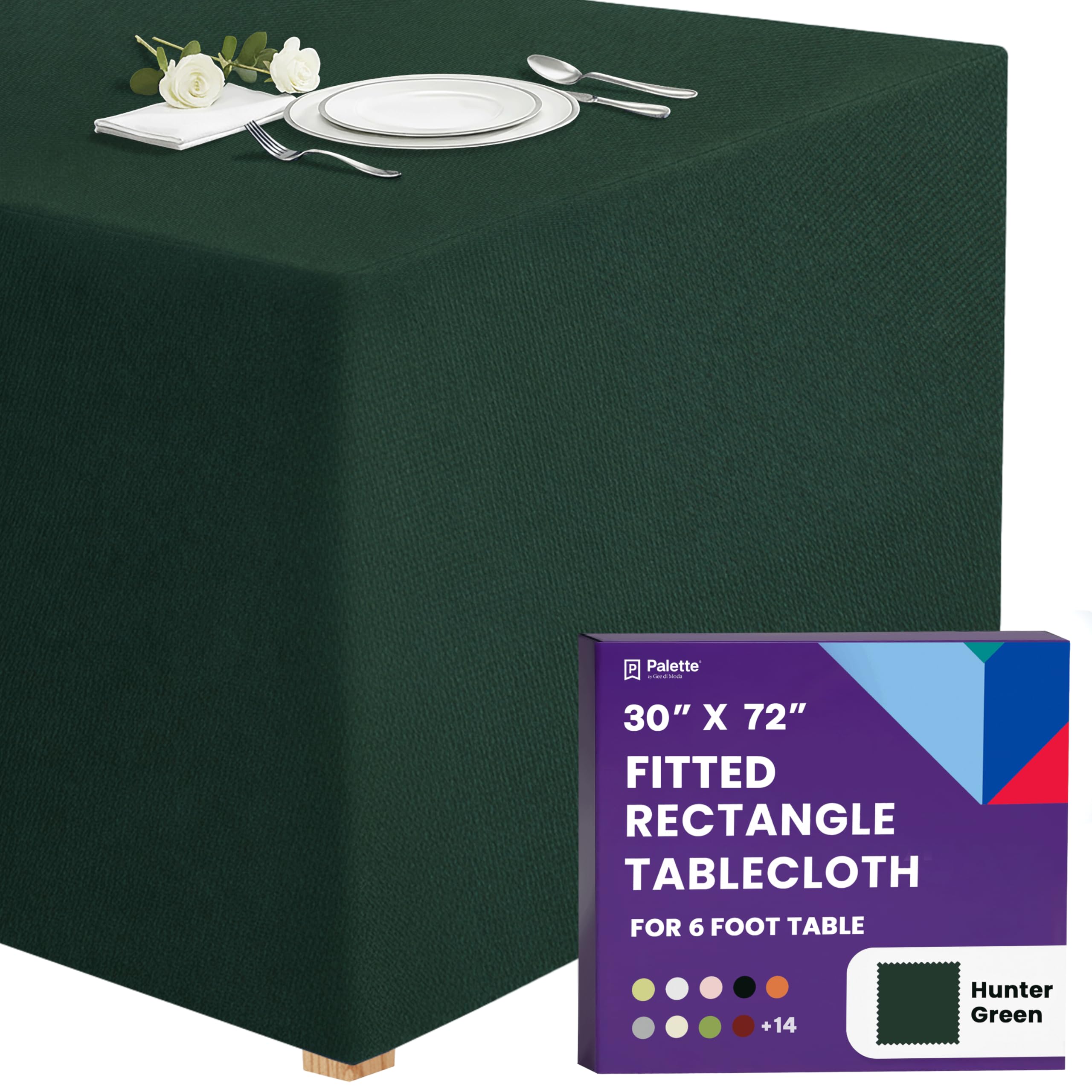 Gee Di Moda Fitted Tablecloth - 72 x 30 Inch Hunter Green Fitted Tablecloth for 6 Foot Rectangle Table - Heavy Duty Washable Fabric - For Buffet Table, Holiday Party, Dinner, Wedding & Trade Show — image 1