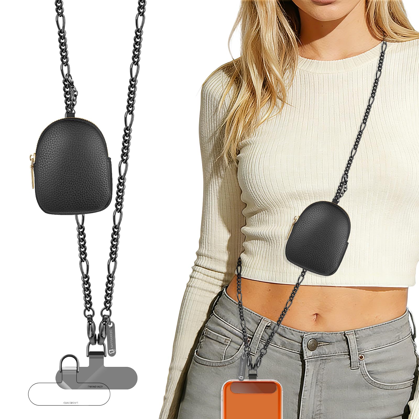 Derraffina Phone Crossbody Strap With Wallet 47.24in Phone Chain Clip And Go strap With zippered pouch 1x clasp 2x Clear Tether Tabs For Shopping Travelling(Black)