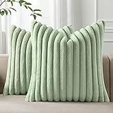 Pallene Faux Fur Plush Spring Throw Pillow Covers 20x20 Set of 2, Luxury Soft Fluffy Striped Decorative Pillow Covers for Sofa, Couch, Living Room, Sage Green