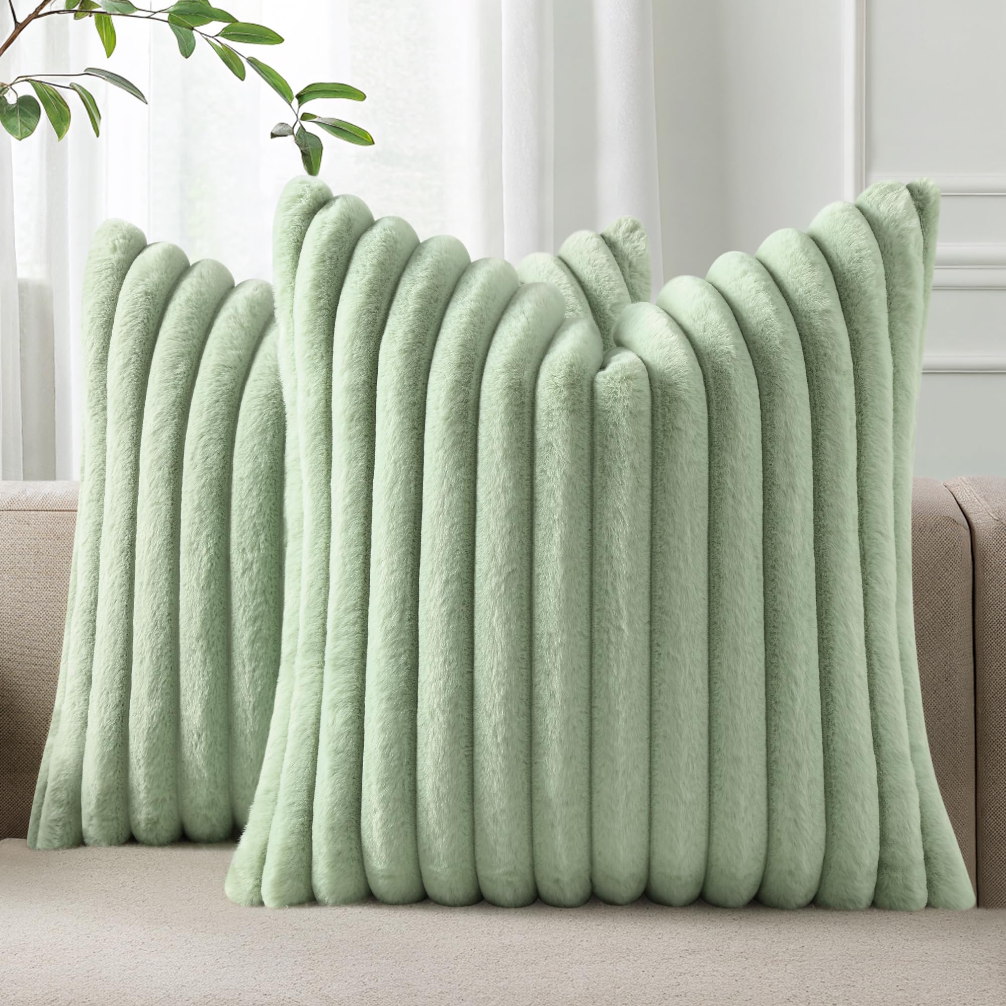 Photo 1 of Pallene Faux Fur Plush Spring Throw Pillow Covers 26x26 Set of 2, Luxury Soft Fluffy Striped Decorative Pillow Covers for Sofa, Couch, Living Room, Sage Green