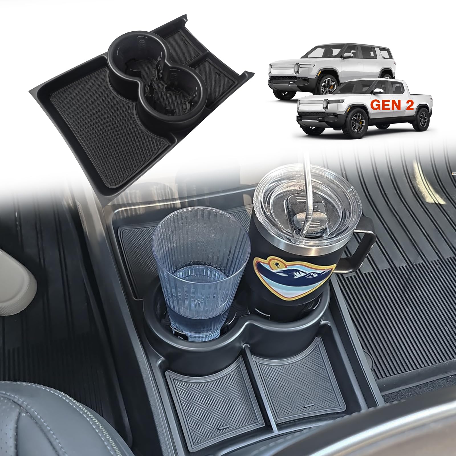 Photo 1 of BestEvMod Gen 2 Lower Center Console Organizer Tray Compatible with Rivian R1T R1S 2026 2025 Gen 2 Fit 32oz Bottle Interior Accessories ABS Material with PVC Trim Floor Console Storage (Black)