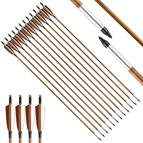 VERY100 12er 32 Zoll Pfeile für Bogen Traditional Holzpfeile aus Bambus 2018 mit Alu Gewindevorschneider für Broadheads