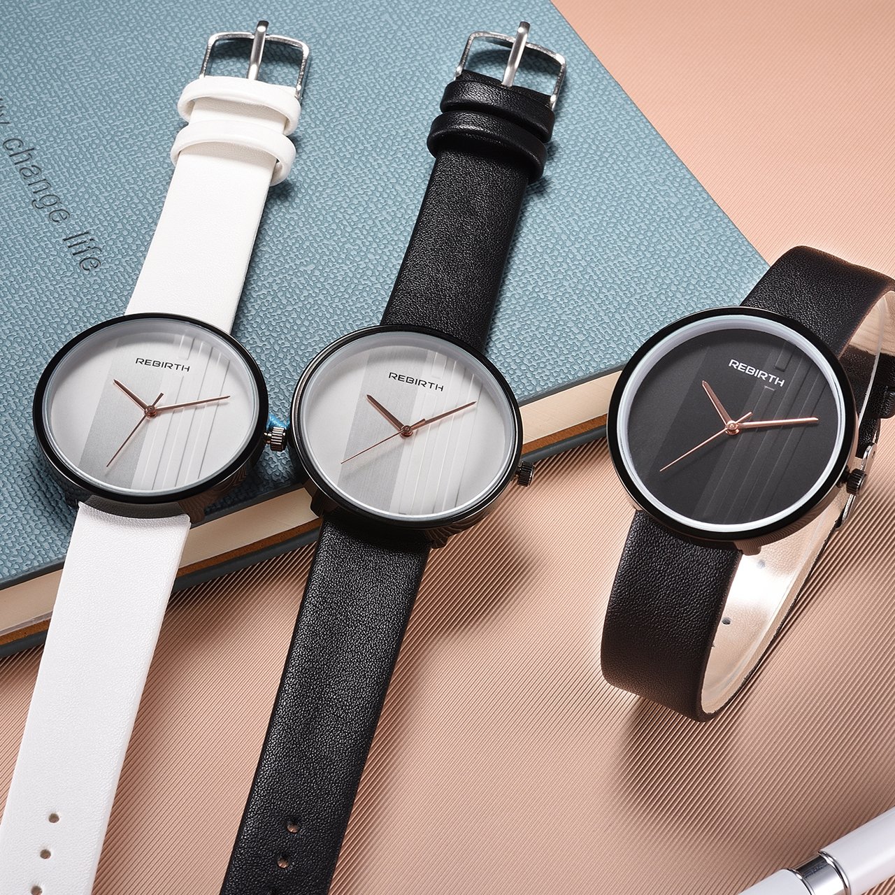 JSDDE Uhren,Elegant Armbanduhr Japanische Uhrwerk Ultra Dünn Gehäuse Gestreift Dial Lederband 3ATM Analog Qaurzuhr,Schwarz