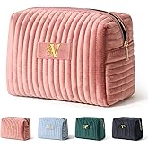 COSHAYSOO Birthday Gifts for Teens College Big Sister Girls Trip Gifts Favors Travel Makeup Bag Quilted Make Up Pouch Initial Velvet Cosmetic Case with Butterfly Decorations for Women Pink Letter V