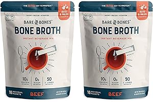 Bare Bones Beef Bone Broth Instant Powdered Mix | Rich Savory Packets on-the-Go No Artificial Flavors | 100% Grass Fed Keto & Paleo Friendly | Sticks 10g Protein | 32 Pack