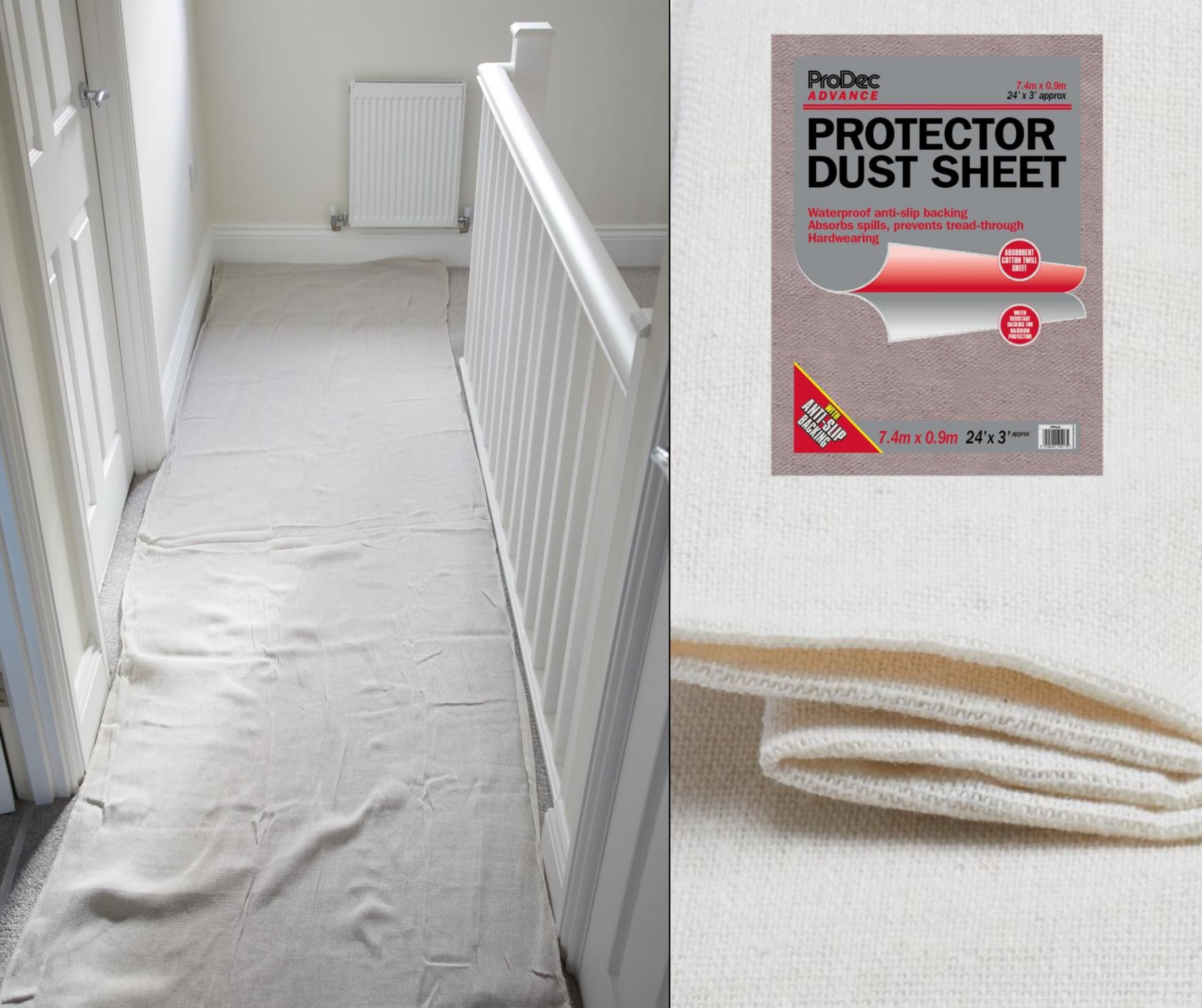 ProDec Advance 24ft x 3ft Water Resistant Protector Cotton Dust Sheet Drop Cloth For Painting Decorating Covering Stairs, Hallways, Corridors and Floors, Absorbs Spills, No Soak Through, Reusable