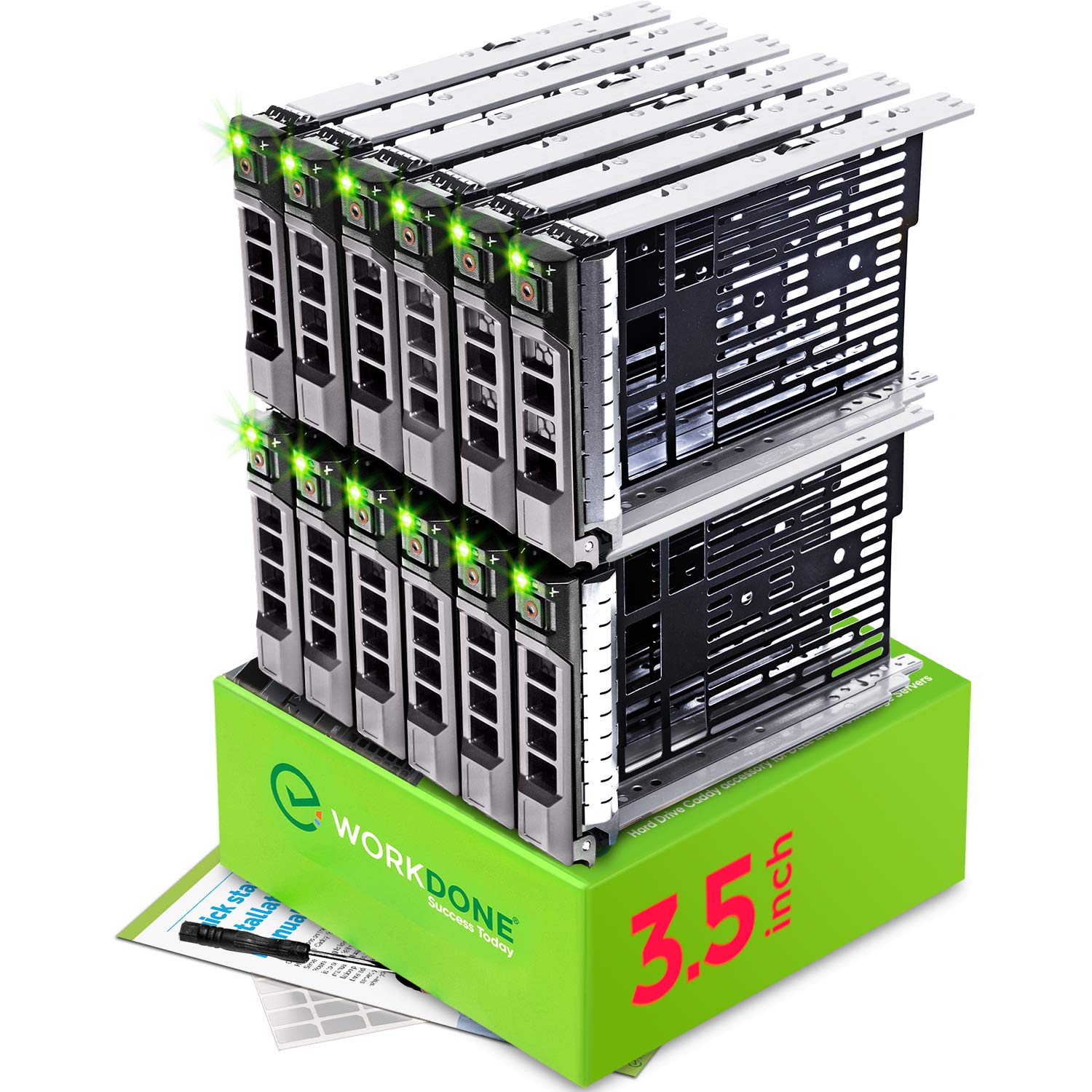 WORKDONE 12-Pack - 3.5" Hard Drive Caddy - Compatible for Dell PowerEdge Selected 11-13th Gen Servers - with Installation Manual - Front Sticker Labels - Screwdriver - Strong Tray Screws