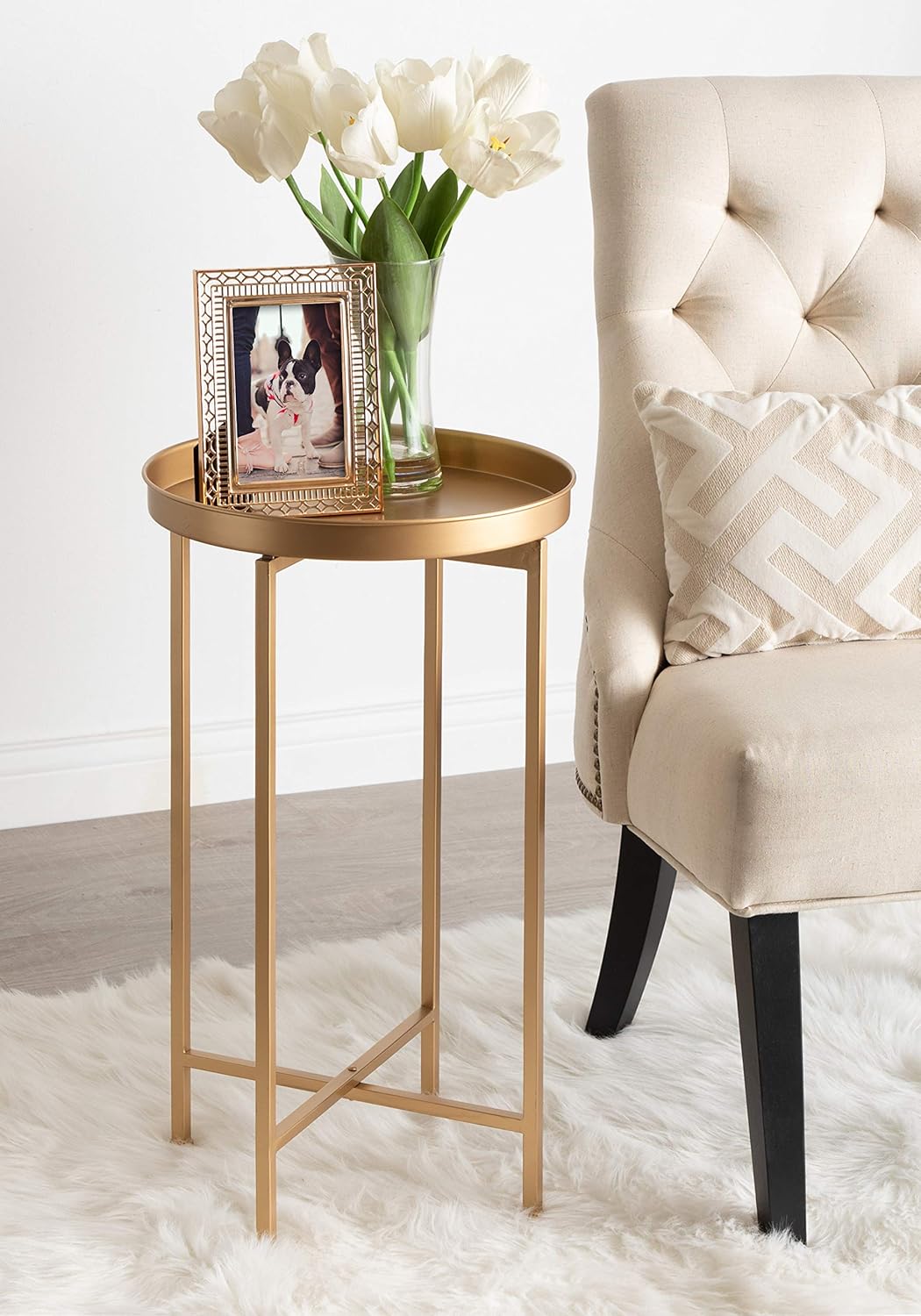 Kate and Laurel Celia Round Metal Foldable Accent Table with Tray Top, Gold: Furniture & Decor