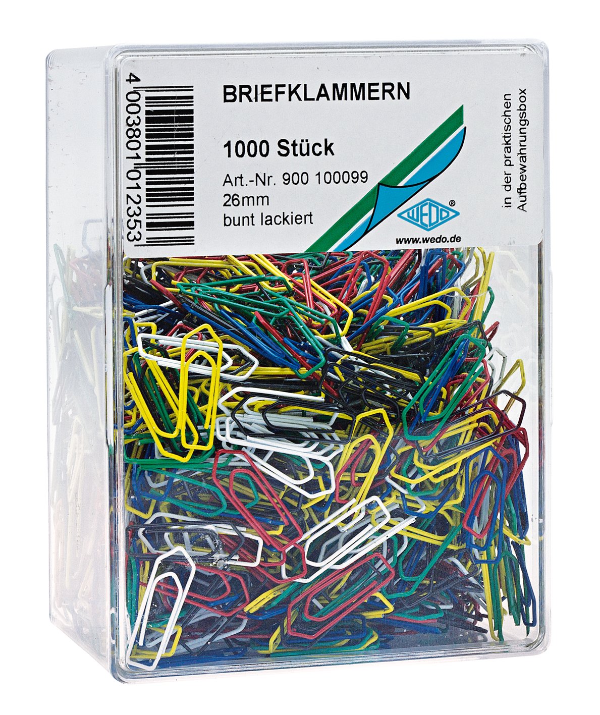 Wedo 900100099 Metal Paper Clip 26 mm Lacquered Assorted Colours Pack of 1,000 in a Transparent Box