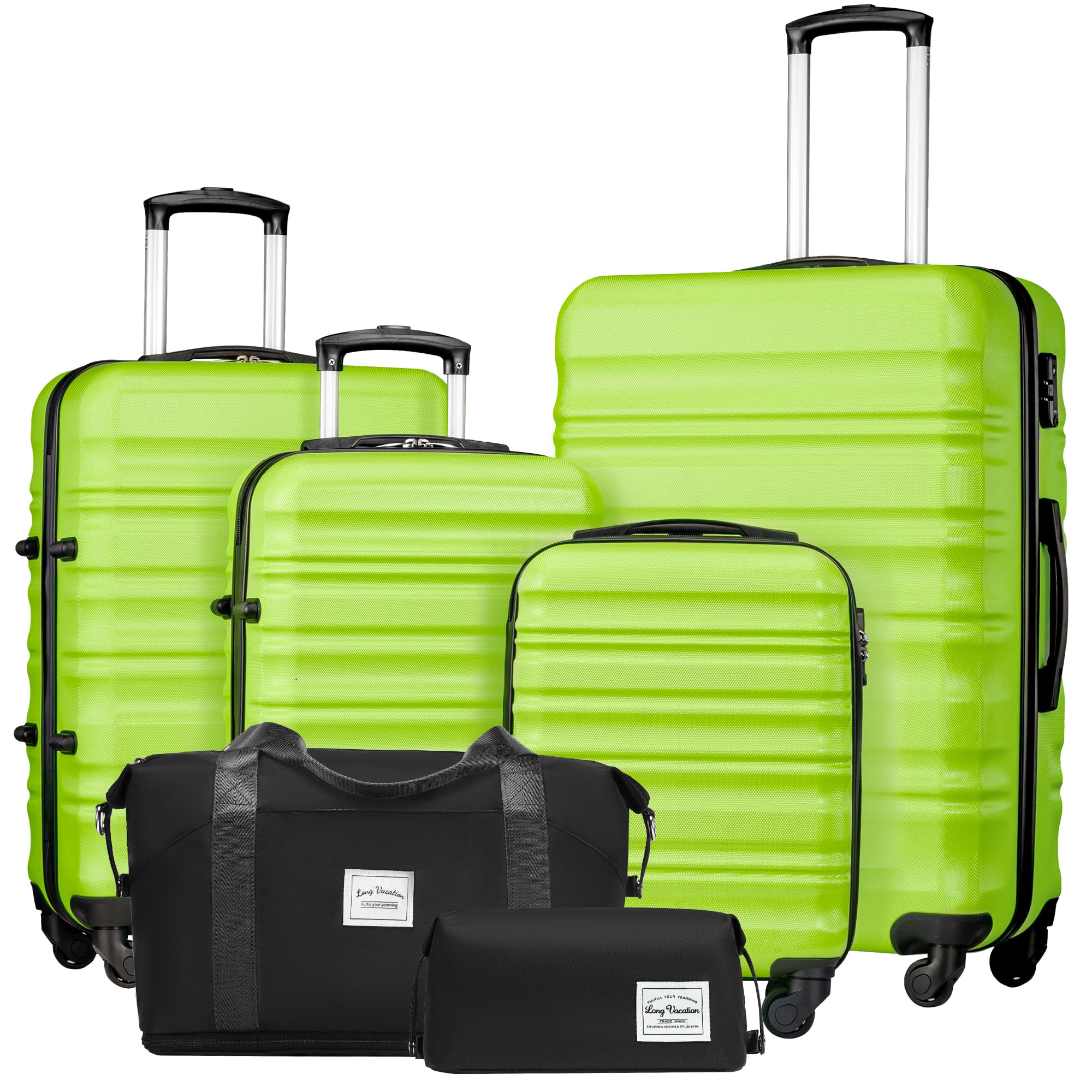 LONG VACATION 6 Piece Luggage Set Carry on Suitcase with ABS+PC hardshell, Spinner Wheels & YKK Zipper TSA Lock (APPLE GREEN, 6 piece set)