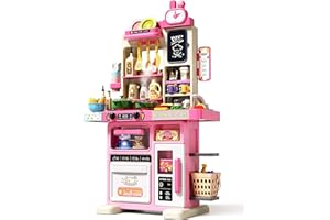 STACTCUTE 33.8IN - 70PCS Kids Kitchen Playset with Sound & Light - Cooking Stove with Steam, Play Sink and Toy Kitchen Accessories - Pretend Kitchen Play Food Toys for Kids Boys Girls - Toddler Play Kitchen Set