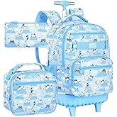 UFNDC 3PCS Rolling Backpack for Girls, Women Blue Cloudy Cat Backpacks with Wheels，Water-Resistant Travel Roller Wheeled Bookbag