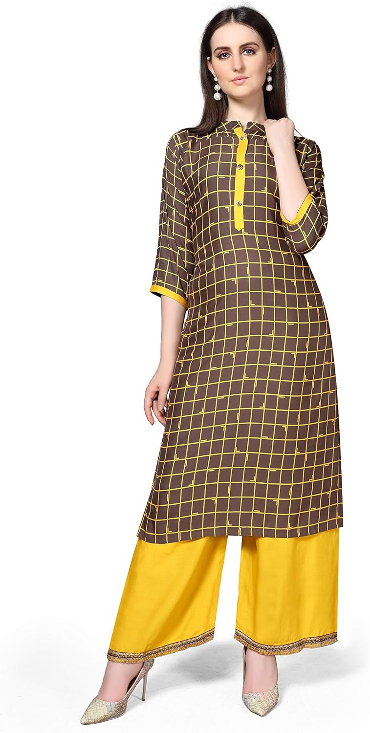 Buy Pranjal Women's Rayon Printed Kurti with Plazo Set Mustard at Amazon.in