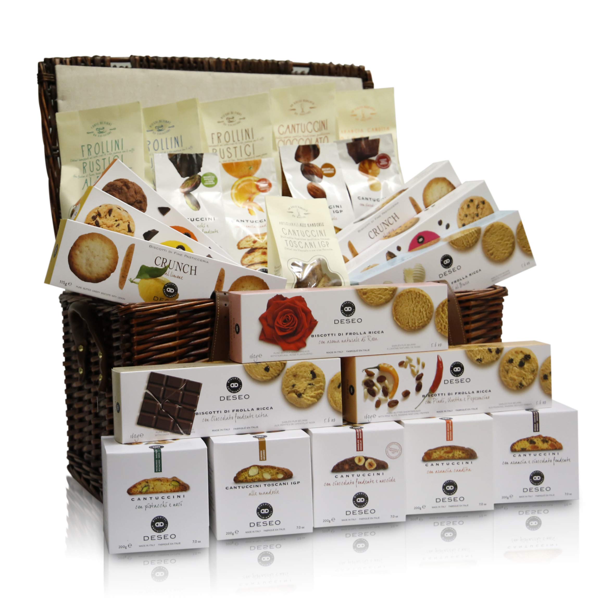 Christmas Hamper, Rich Selection of Genuine Italian Cantucci & Butter Cookies in Vintage Wicker Basket (Tuscan Brand: Deseo)