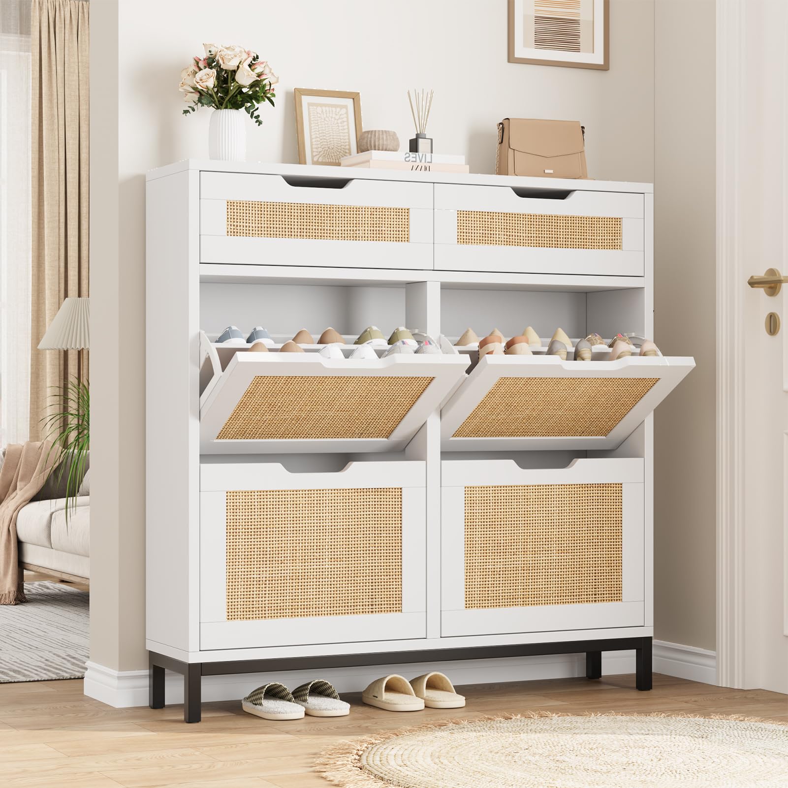 Photo 1 of **stock photo for reference only, item is black** Rattan Shoe Cabinet Storage for Entryway Hidden Shoes Storage Cabinet Black Narrow Shoe Organizer Cabinet with 4 Flip Drawers, Free Standing Wood Shoe Cabinet for Foyer Hallway (Black, 4 Flip Drawers)