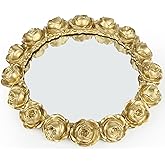 Vixdonos Decorative Round Mirror Tray Bathroom Vanity Tray with Gold Resin Rose for Perfume,Jewelry and Makeup