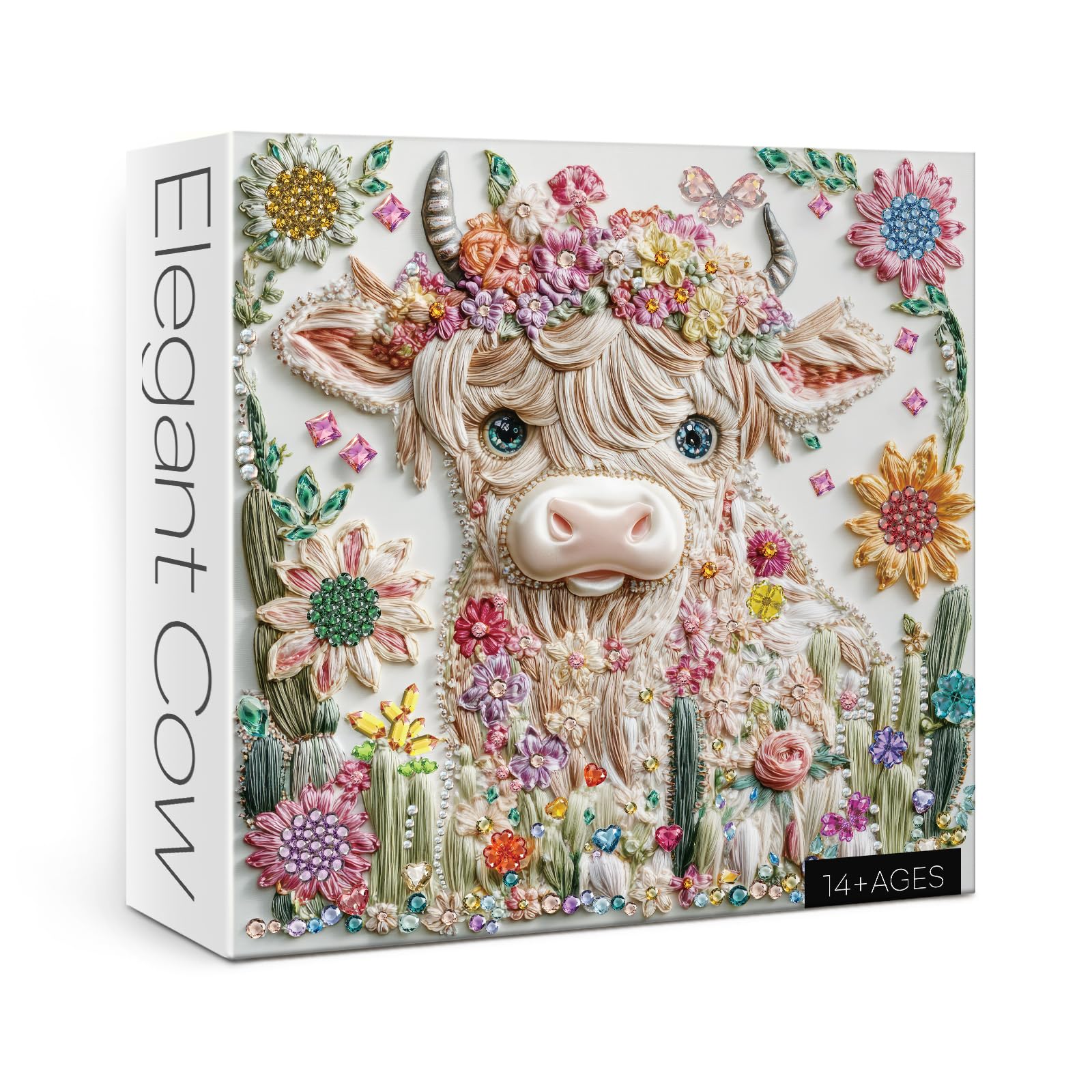 Photo 1 of Crystal Highland Cow Puzzle for Adults 1000 Pieces, Cute Animal Jigsaw Puzzle, Flower Butterfly Diamond Challenging Gem Jewel Art Puzzle