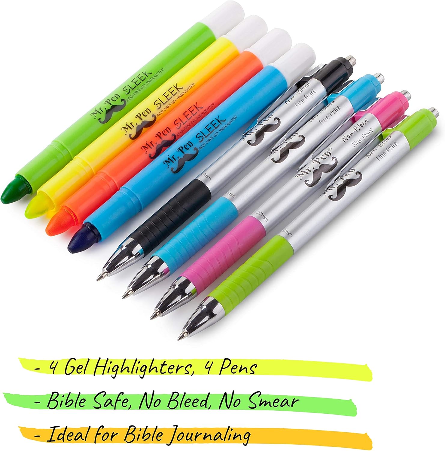 Mr. Pen- Bible Highlighters and Pens No Bleed, 8 Pack, Bible Journaling Kit, Bible Pens No Bleed Through, Gel Highlighters, Bible Markers No Bleed Through, Bible Study Kit, Christian Gifts : Office Products