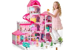 DOLOOWEE DIY Dolls House for Girls - 4-Level 10-Room Villa with 2 Dolls, 4 Dogs & Rich Accessories, DollsHouse Toys for Kids 4-8 Years Old