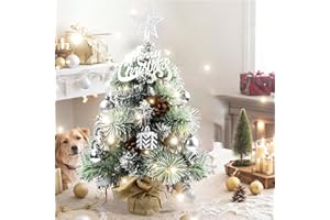 CARDSPIN Mini Christmas Tree with Lights，21" Small Christmas Tree with Lights, Startree Topper, Merry Christmas Alphabet, Pine Cones, Hanging Balls for Tabletop, Xmas Decor
