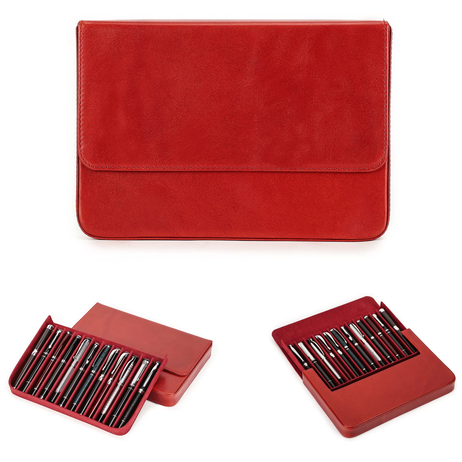 Hiram Leather Pen Case for 12 Pens Vegetable Tanned Leather Fountain Pen Storage Box with Hidden Magnetic Snap Closure and Pen Tray Design (Red)