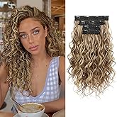 REECHO Curly Hair Extensions, 4PCS 16 inch Clip in Hair Extensions Lace Weft Short Curly Extension Clip Ins Invisible Natural Hairpieces for Women, Brown with Deep Blonde Highlights