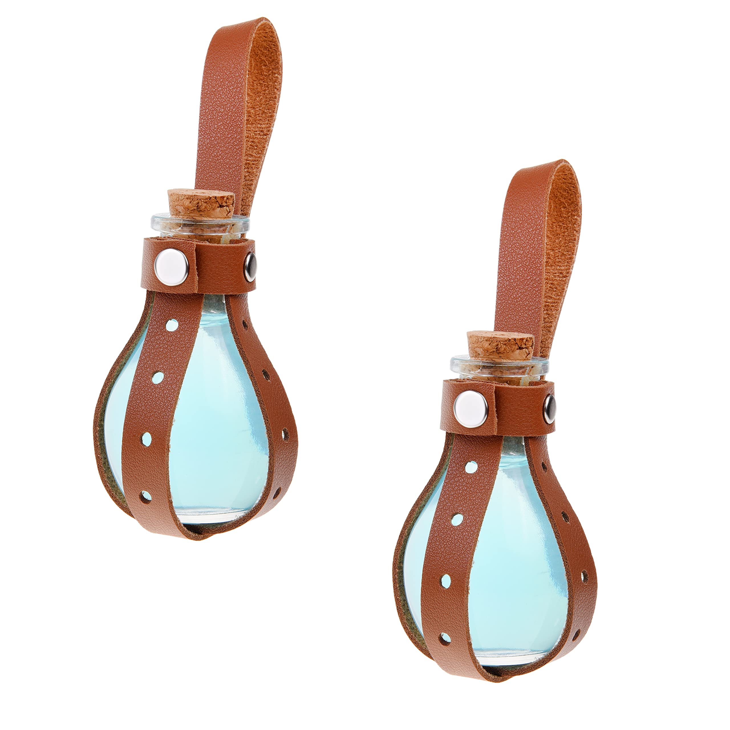 ECO-FUSED Small Cosplay Potion Bottles - Clear Spherical Cosplay, Wizard, Witch Costume Accessory - Includes Cork Stopper, Brown Faux Leather Sleeve Holder, Belt Loop - DIY, Crafting, Props