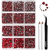 Beadsland 8300PCS Flatback Rhinestones, Red Rhinestone Nail Gems Round Crystal Rhinestones for Crafts, Mixed 10 Sizes with Wax Pencil and Tweezer Kit, SS3-SS30, Siam