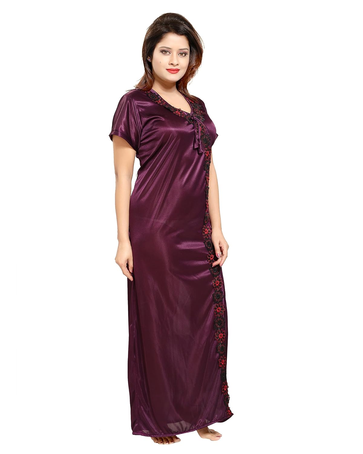 tucute women satin night gown (wine) (free size) d.no.1242