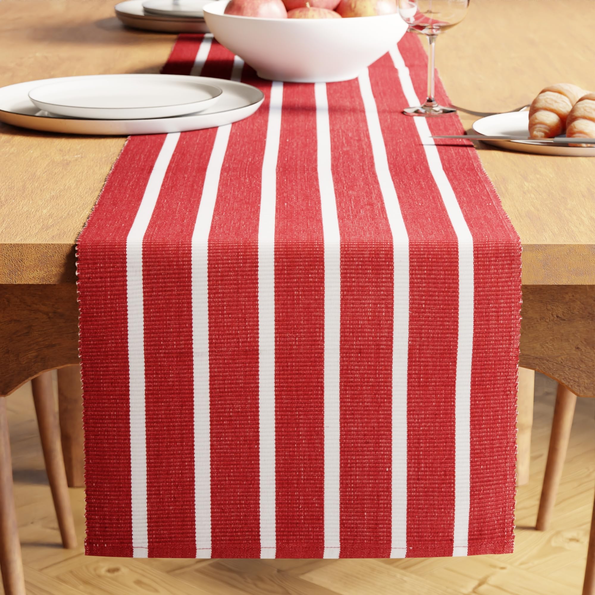 Encasa XO Dining Table Runner 32x200 cm | Yarn Dyed Fine Ribbed Cotton | Roma Red Stripes | Machine Washable