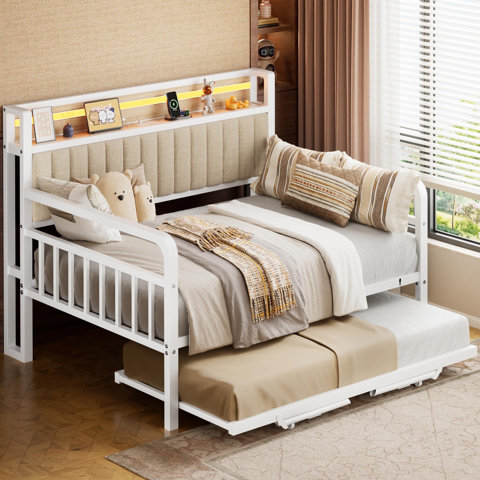 Photo 1 of Daybed with Trundle and LED Light, Heavy Duty Metal Full Bed Frame with Upholstered Storage Headboard & Charging Station, Day Bed Pop Up Trundle Bed for Living Room,Bedroom and Guest Room, White