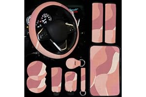 JINGSEN 10 Pieces Abstract Painting Art Printing Car Steering Wheel Cover Center Console Armrest Pad Headrest Seat Belt Cover Handbrake Cover Keychain Coaster Full Set Car SUV (Abstract Paint Pink)
