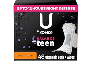 U by Kotex Balance Sized for Teens Ultra Thin Overnight Pads with Wings, 48 Count (4 Packs of 12) (Packaging May Vary)