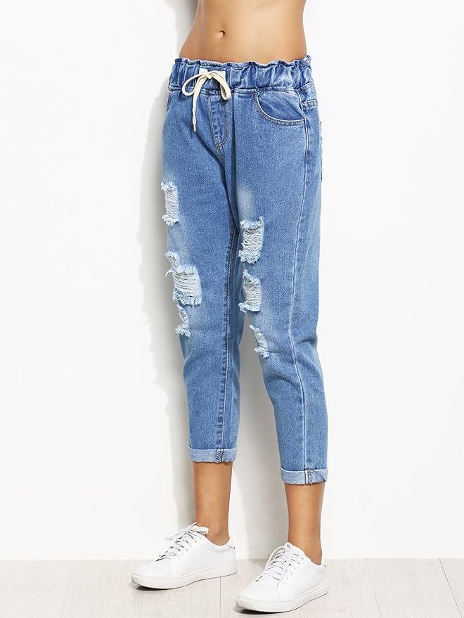 drawstring distressed jeans