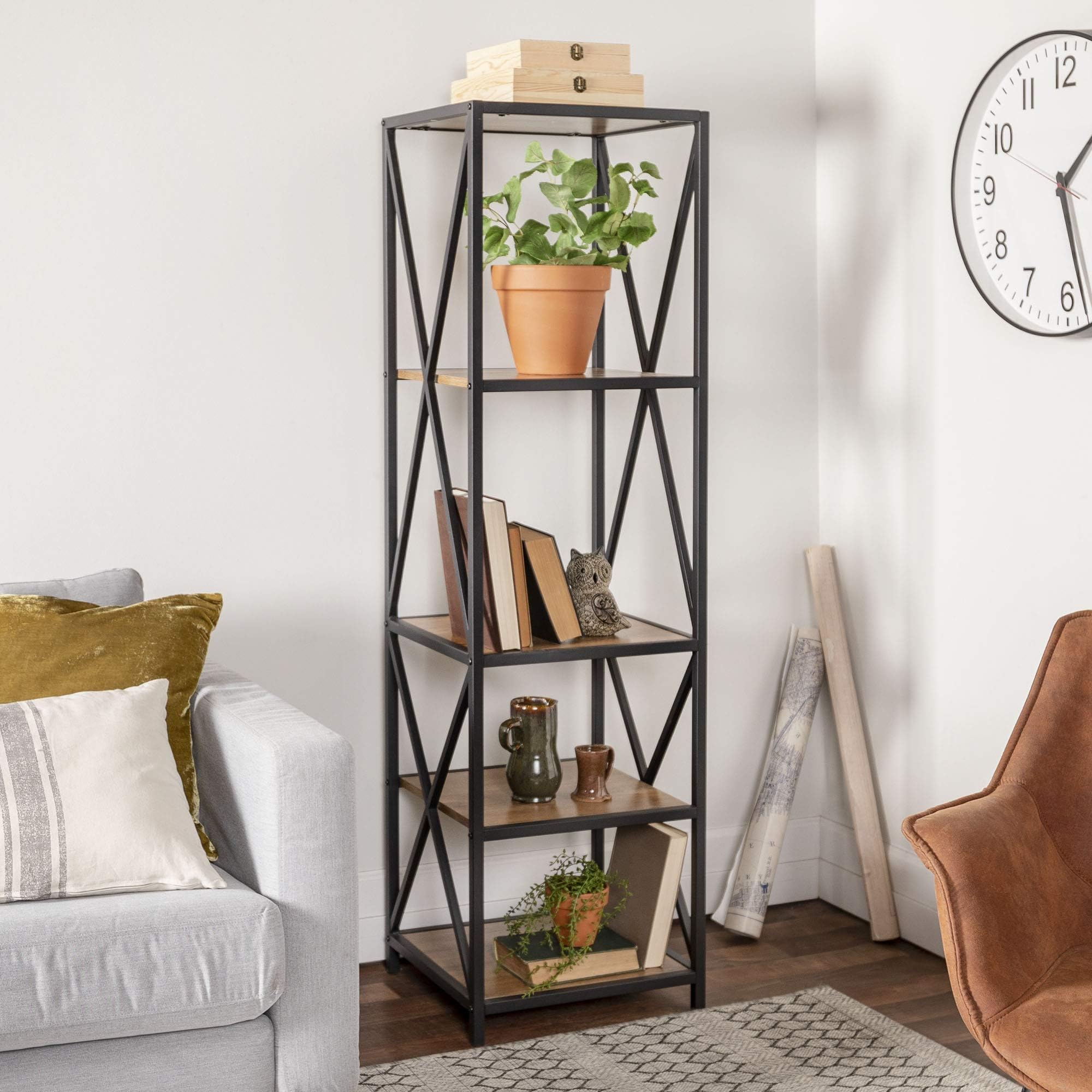 Eden Bridge Designs 155cm (61"), 4-Shelf Tall X-Frame Metal and Wood Bookshelf Bookcase, Organiser Multimedia Tall Tower for Home Office Living Room - Barnwood