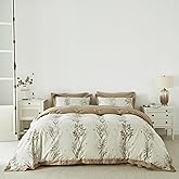 YuHeGuoJi Beige Floral Duvet Cover King 100% Cotton 3 Pcs Set 1 Vintage Tan Botanical Duvet Cover with Zipper Ties 2 Pillow Shams Farmhouse Honeybee Flower Wide Trim Bedding Set Soft
