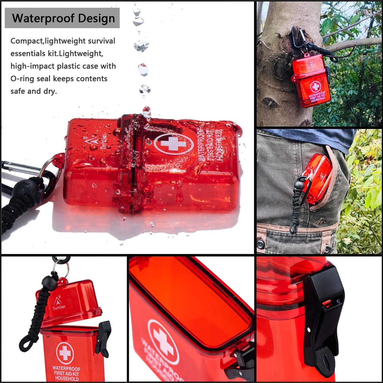 DEFTGET Waterproof First Aid Kit with Mini, Durable, Lightweight Construction, Bandages for Minor Injuries While Camping, Hiking and Outdoor Survival (Dark-red): Health & Personal Care