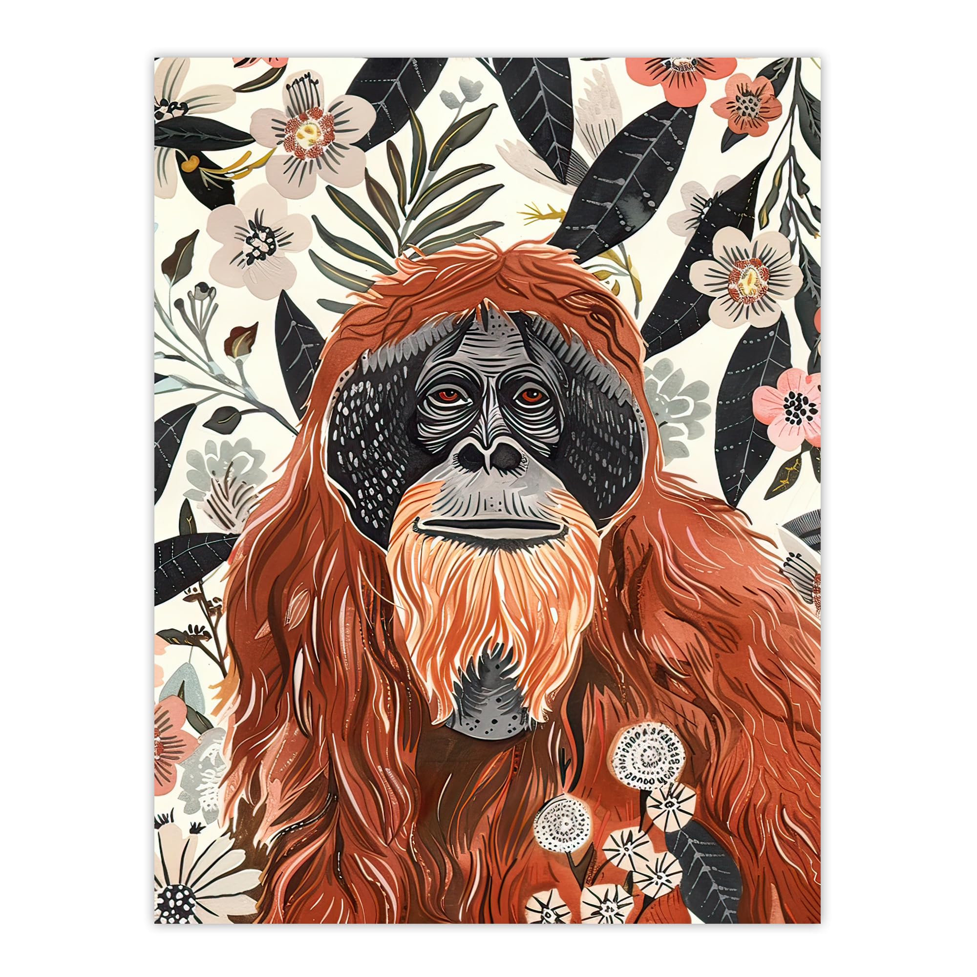 Artery8 Orangutan in Floral Jungle Bright Watercolour Living Room Extra Large XL Wall Art Poster Print
