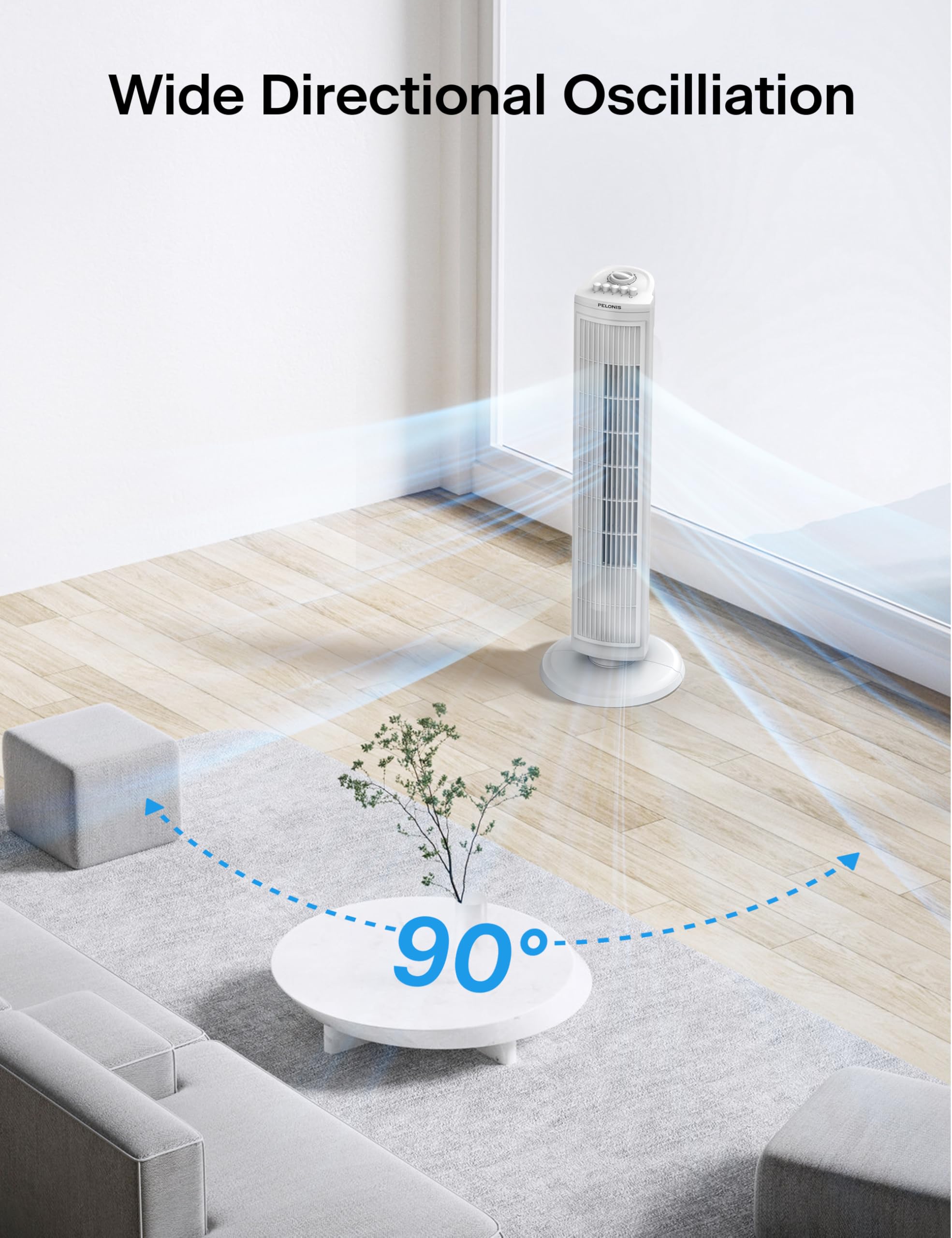 PELONIS 30 Inch Oscillating Tower Fan with 3 Speed Settings and Auto-off Timer, Standing Fan PFT28A2BWW, White